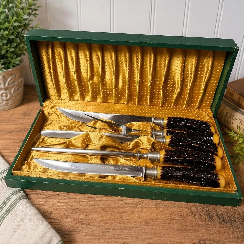 VTG Flint Stainless Vanadium USA Carving Set Faux Stag Handles Sharpener w case